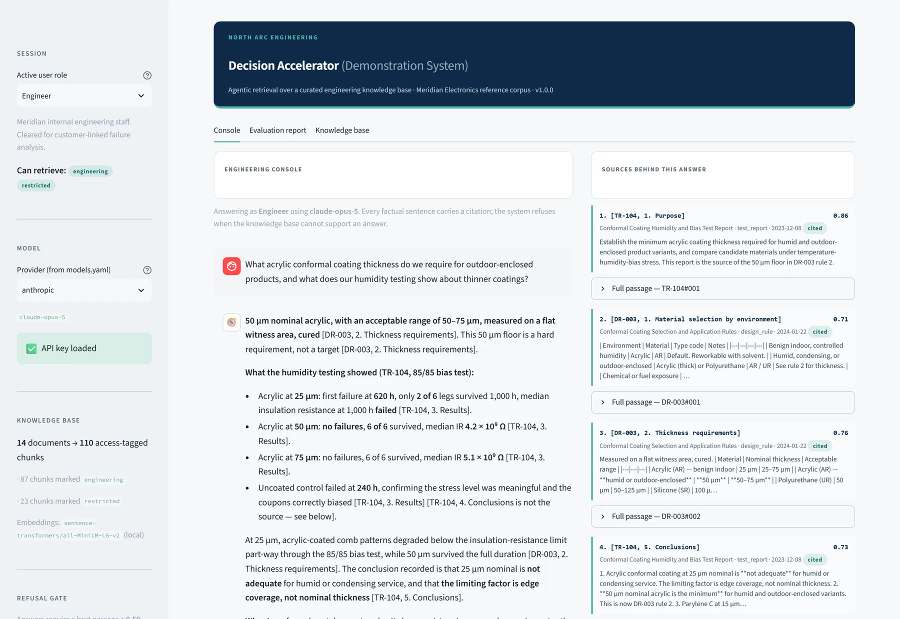 The Decision Accelerator answering an engineer's question about acrylic coating thickness. Every sentence carries a bracketed citation, and a 'Sources behind this answer' panel lists passages with relevance scores of 0.86, 0.71 and 0.76, each marked cited.