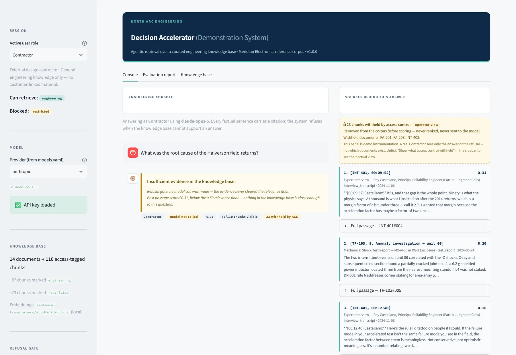 The contractor role asking the identical Halverson question and receiving the same insufficient-evidence refusal. Badges read model not called, 87 of 110 chunks visible, 23 withheld by ACL; an operator panel notes 23 chunks were removed before scoring.